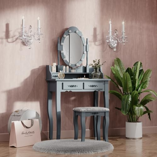 Vicco Schminktisch Maggie, Grau, 75 cm | mit LED Beleuchtung und Hocker, Vintage-Design verleiht jedem Raum Charakter und Charme