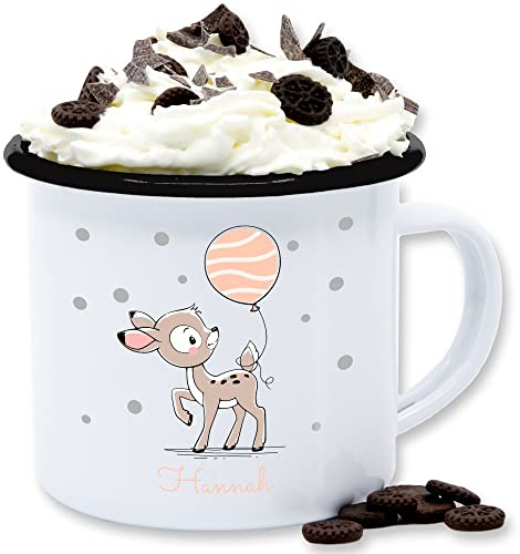 Emaille Tasse Blechtasse - Tiere - Süßes Reh Rehkitz - 300 ml - Weiß Schwarz - personalisierte tier name tieren rehe tiermotiv baby personalisieren süß geschenke und kleine kinder motiv