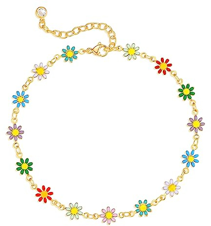 MTMY Gold Anklets for Women 14K Gold Plated Colorful Tassel Foot Chain Dainty Adjustable Cute Summer Beach Boho Anklets Jewelry Gift for women (colorful daisies)
