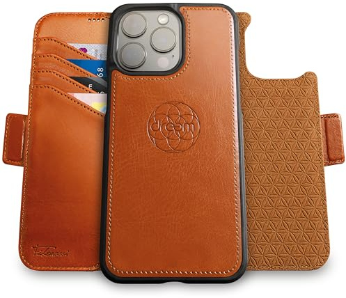 Dreem Vegan Leder Handyhülle für iPhone 15 Pro Max, Magnetisch & Abnehmbar | Neuartig vert/horiz Handyhalter, RFID-blockierende Kartenhülle, Kompatibel mit MagSafe, Geschenkbox [Fibonacci: Karamell]