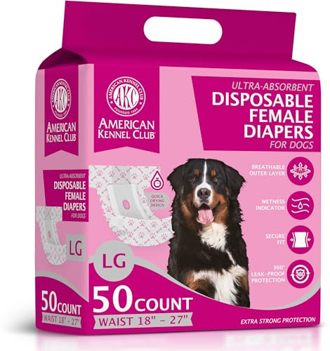 American Kennel Club Female Dog Wrap, Disposable Diapers with Wetness Indicator, (Extra Large – Low Tail, 50, Count)