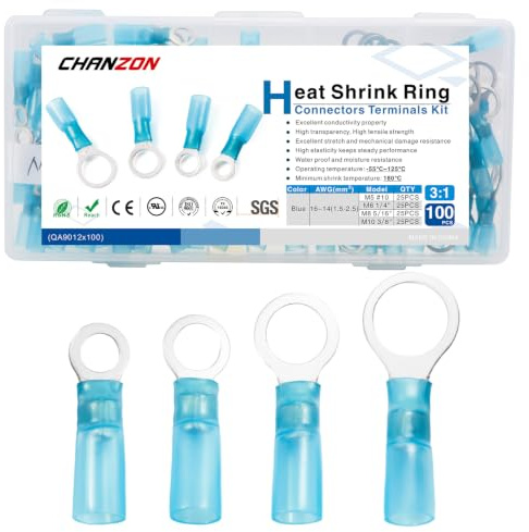 Chanzon 100-teiliges Schrumpfring-Kabelschuh-Set, wasserdicht, Nr. 10, M5, M6, M8, M10, 16–14 AWG, Ösen-Drahtverbinder, Marine-Qualität, mit Klebstoff ausgekleidet, blau, elektrischer