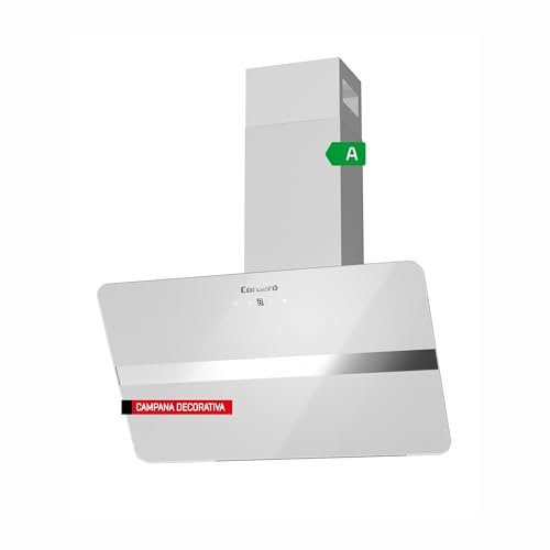 Corberó - Campana Decorativa 70 cm | VICTORIA760W | Cristal Blanco | 165W | 3 Velocidades | Control Touch | Caudal 594,2 m3/h | Filtro de Aluminio y Carbon | Eficiencia Energética A, Blanco