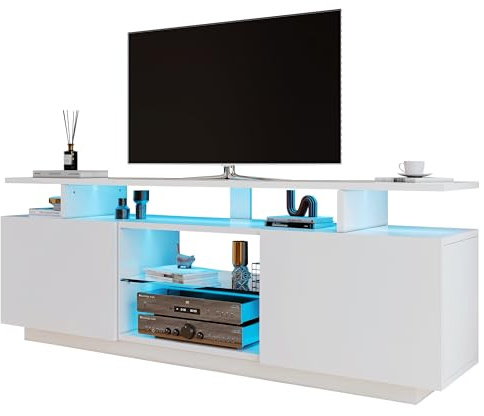 soges Meuble TV pour Centre de Divertissement, Support TV avec Lumières LED, 140cm Banc TV Blanc avec Étagère de Rangement, Armoire pour Salon, Chambre à Coucher