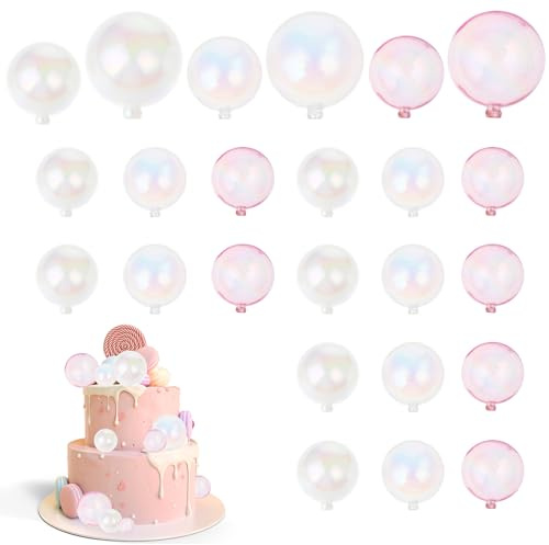 24 pcs Bubble Cake Topper Pink and White Cake Balls Clear Ball Cakes Toppers Birthday Party Bubble Cakes Balls Decoration Multiple Sizes | Transparent White Pink，Multiple Sizes Balloon Birthday Cakes Decorations Cakes Topper for Wedding Anniversary Party