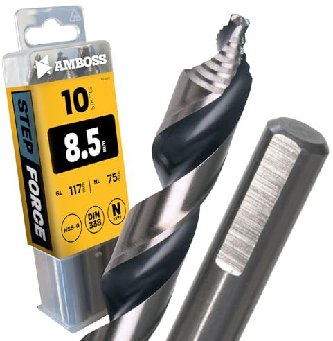 10 x spiralborr Step Force Ø 8,5 mm – HSS-G DIN 338 för stål, byggstål, aluminium, färgmetaller AMBOSS WERKZEUGE® borrplåt, profiler – sexkant för borrmaskin, batteriborr, stående borrmaskin