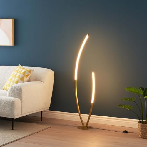 KOSILUM – Stehleuchte, goldfarben, zwei Bögen, ultra Design, LED, dimmbar, Moa, warmweißes Licht, Beleuchtung für Wohnzimmer, Schlafzimmer, Küche, Flur, 18 W, 1715 lm, integrierte LED, IP20