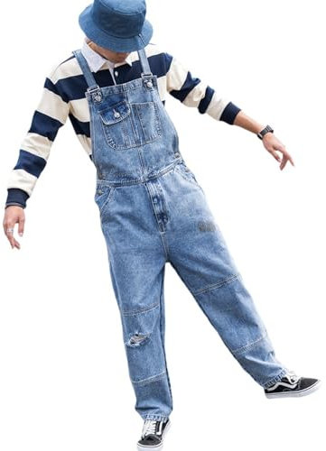 Anybird Tuta Da Uomo Retrò in Cotone Larga Da Rock Tute Bootcut Personalità Unica Tute Da Lavoro in Denim Strappato,Blu,6XL
