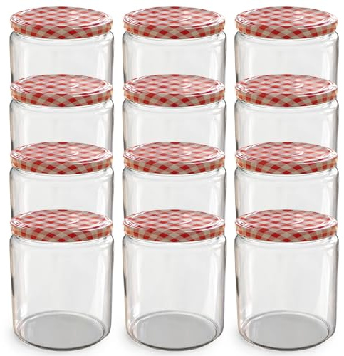 Oputec 12 x 405 ml Einmachgläser mit TO 82 Schraubdeckel rot kariert – Perfekt für Marmeladen, Konfitüren und mehr, große Gläser mit Deckel, ideal als Marmeladengläser und Schraubgläser