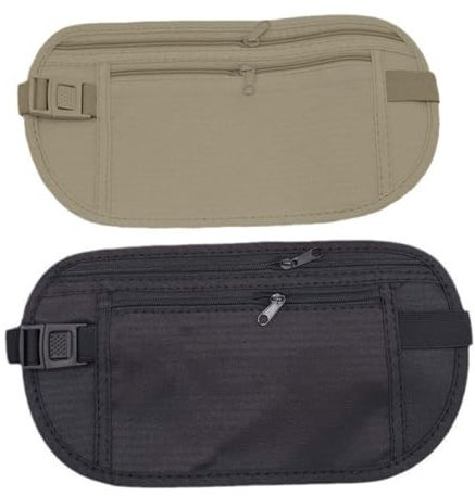 2er-Pack versteckte, diebstahlsichere, flache Gürteltaschen, verstellbarer Gürtel, flache Gürteltaschen, diebstahlsichere Reisegürteltaschen für Männer und Frauen, mobiles Bargeld (Schwarz + Khaki)