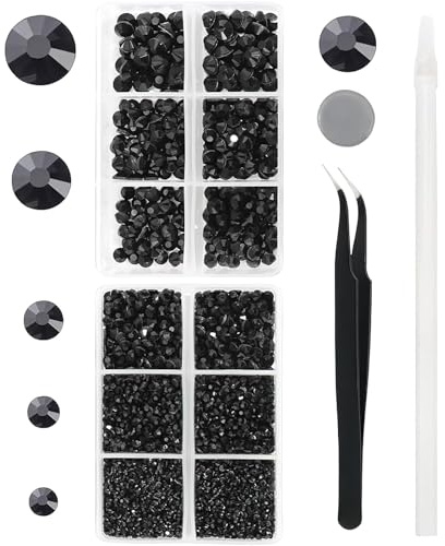 YHMQ DU 6616 Stück Schwarze Hotfix-Strasssteine SS6-SS30 | Perfekt für Kleidung, Schuhe, Taschen, Becher und Bastelideen. Inklusive Pinzette und Picking-Stift für präzises Arbeiten