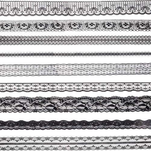 CABODYALS 9 Stili 41.15M Pizzo Fiore Nero Assortiti Occhielli Tessuto Pizzo All'Uncinetto Modello Vintage Poliestere Set di Passamanerie In Pizzo Floreale per Cucire Realizzazione Artigianato Abito Da