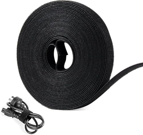 OneLeaf 20ft x 1/2inch Fastening Cable Ties Roll, Reusable Self-Gripping Strips, Double Sided Hook and Loop Tape Cable Management, Cut to Length Straps, Black Heavy Duty Wire Management