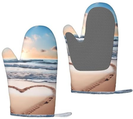 Set di 2 guanti da forno in silicone a forma di cuore, romantici, da spiaggia, resistenti al calore, 500 °C, guanti da forno antiscivolo per cucinare presine, utensili da cucina essenziali da cucina