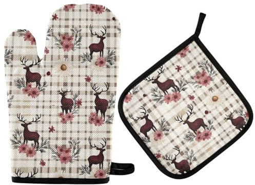 Burgundy Duiker - Presine pasquali con motivo a quadri di bufalo e margherite, guanti da forno isolati termicamente, set di 2 presine per cottura al forno