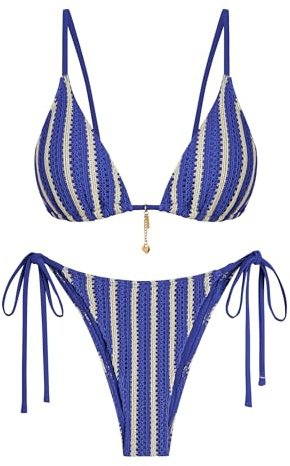 ZAFUL Blue High Waisted Crochet Tie Bikini Sets for Women Cheeky Two Piece Bathing Suits Striped Brazilian High Cut Knit Swimsuit for Vacation Resort Wear 2026