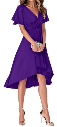 Minetom Robe De Soirée Femme A Line High Low Col V Manches Courtes pour Mariage Invité Mousseline Plissé Dress
