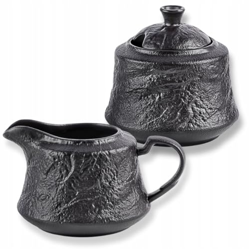 Wilmax - Zuckerdose + Milchkännchen-Set - 2-teilig - Milch- & Zuckerbehälter aus Porzellan - Schwarz - Zuckerspender mit Deckel - Kaffeeservice für Milch Kaffee Tee