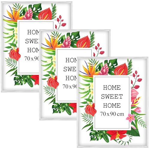 MG Design Set aus 3 Weiß Bilderrahmen 70 x 90 cm – Aus echtem Holz mit Acrylglas, zum Aufhängen & Aufstellen, für Fotos, Poster & Puzzle