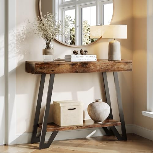 LITTLE TREE Konsolentisch, 103 x 30 x 80cm, Beistelltisch, Flurtisch, Sofatisch für Kleinen Raum, Konsolentisch mit 2 Stauraum im Eingangsbereich für Eingang, Flur, Wohnzimmer, Braun