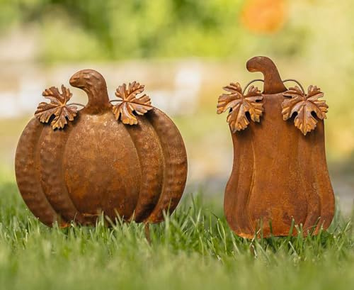 Dekoleidenschaft 2X Gartenstecker Kürbis aus Metall mit Echt Rost, Roststecker, Dekostecker, Herbstdeko, Outdoor Halloween-Deko, Gartendeko für Draußen