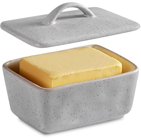 Mantequera de cerámica, mantequera de cerámica con tapa, 350 ml, porcelana, plato de mantequilla, plástico de alta calidad, para cocina, se adapta a 1 bloque de mantequilla (gris)