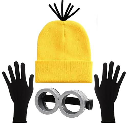 XINDY Karneval Kostüm Damen, Gelbe Mütze Brille Handschuhe Erwachsene Faschingskostüme Damen Herren Karnevalskostüm Accessories für Fasching Mottoparty Halloween Cosplay