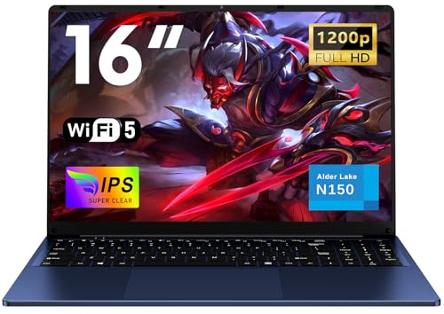 NAIKLULU 16 Pouces Pc Portable Laptop, N150 Processor(1,2 à 3,6GHz), RAM 16GB SSD 1TB Ordinateur Portable Notebook 2025, 1920X1200P/6000Mah/Clavier Complet Rétroéclairé/Webcam/Touchpad