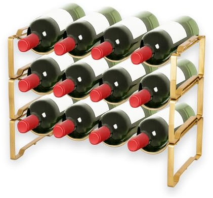 Straame 3 Tier Metal Wine Rack – Stackable Bottle Rack for Wine Storage – Wine Racks Free Standing Organiser for Countertop, Shelf or Cupboard – Modular Wire Rack Holder – Modern Design (Gold)