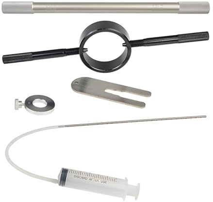 Deskium Outil de compresseur de ressort de fourche, construction en aluminium, 14,4 x 9,2 x 4,4 cm, comprend une seringue d'huile et un système de ventilation