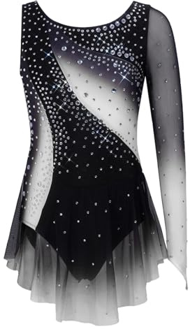 Alvivi Abito da Balletto Bambina Monospalla con Strass Vestito da Danza Classica Moderna Lirica Body da Pattinaggio Artistico Ballerina Ginnastica Ritmica Dancewear A Nero 11-12 Anni