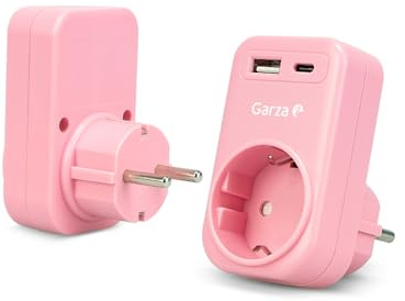 Garza - Adaptador Enchufe 3 en 1 con 1 Toma Schuko + 1 USB-A QC3.0 + 1 USB-C PD20W, Carga Rápida 20W, Protección Infantil, 3680W, Portátil y Seguro - Rosa