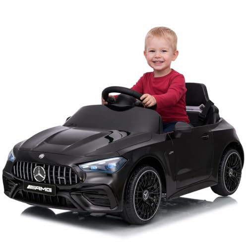 FINOOS Kinder Elektroauto 12V mit Fernbedienung – Mercedes CLE53 - AMG - Elektrofahrzeug - 2 türig - MP3 - Hupe - LED Leuchten - Bluetooth (Schwarz)