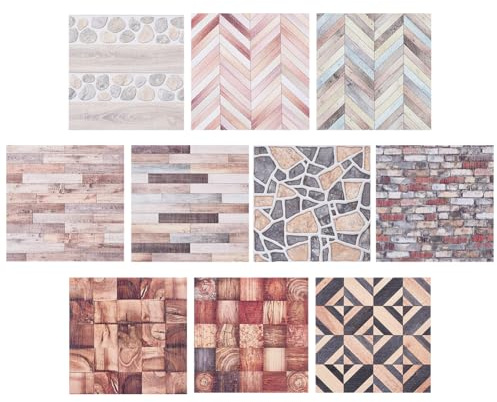 GOMAKERER 20 Blatt 10 Stile Puppenhaustapeten, 100x100x0.3mm Holzmaserung Textur Selbstklebende Puppenhaus Tapete Bodenbelag PVC Wasserdicht Mini Aufkleber Für DIY Bastelarbeiten Hausmodelle