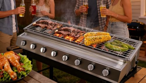 Tabletop Grill,LPG Gas BBQ Grill with 6/8 Burners, Portable Gas Barbecue Griddle,Removable Grids, Adjustable Height, for Indoor Kitchen Use for Parties, Backyard Gatherings B