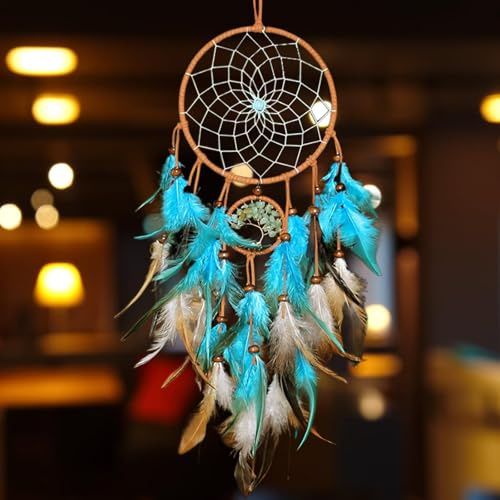 60CM Feather Dreamcatcher, Blue Tree of Life Double Circle Dream Catcher