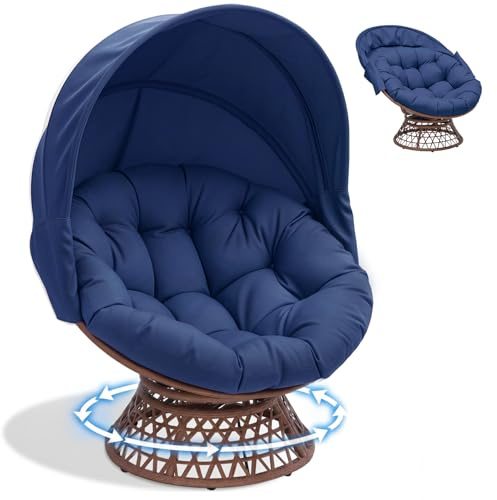 COMHOMA Papasansessel, gemütlicher Drehsessel mit Kissen rund, bequemer Rattansessel, Loungesessel drehbar, runder Relax Korbsessel Rattan für Wohnzimmer, Leseecke, Lounge - BLAU