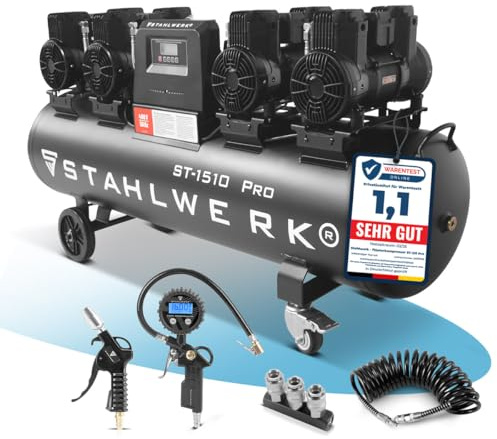STAHLWERK Compresor con depósito de 150 L (ST-1510 Pro) totalmente equipado, sin aceite y silencioso, compresor de aire comprimido de 10 bar con motores sin escobillas, 7,89 CV, 5,8 kW, 1000 l/min