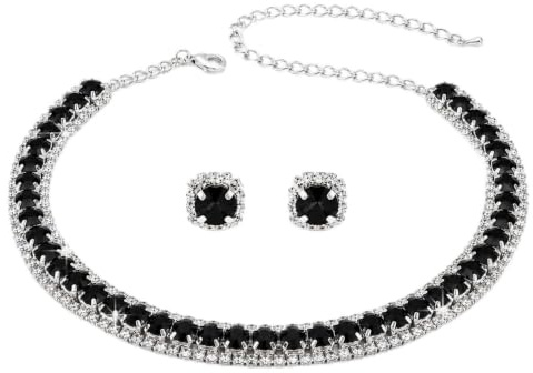 KEVIDA Rhinestone Choker Necklace and Earrings Set for Women, 3 Pcs Crystal Jewellery Set with Adjustable Extension Chain, Sparkly Bridal Wedding Jewellery for Prom Party Dinner Gift (Black)