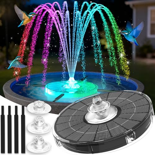 Luxfero Solar Springbrunnen für Außen,4000mAh Solarbrunnen für Draussen mit 3 Düsen,Solar Teichpumpe,Verbesserter Pool Brunnen mit Led Lichtshow,Schwimmender Springbrunnen Pool für Garten,Teich