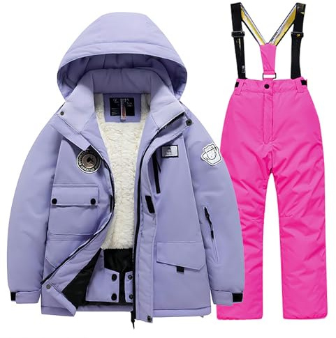 Generisch Combinaison de ski pour garçon avec poche en polaire - Veste et pantalon - Coupe-vent - Unisexe, Rose, 8-10 ans