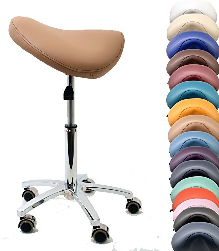 Promafit Sgabello da sella con ruote in gomma per tutti i pavimenti e piedini in metallo, ergonomico, regolabile in altezza, disponibile in diversi colori, girevole a 360° (marrone chiaro, senza
