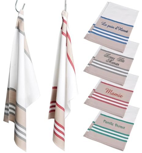 Vanevitch Torchon Vaisselle, essui Main personnalisé prénom, Cadeau Anniversaire fête des Meres fête des Peres, Mamie, Rouge Bleu Vert Gris, Verre, Assiette, pour la Cuisine, Homme Femme