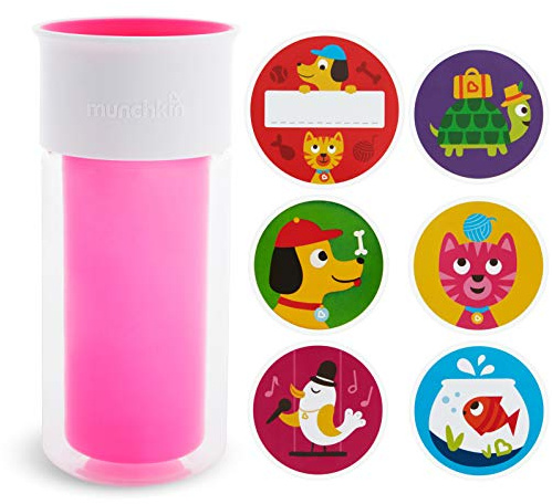 Munchkin Miracle Gobelet isotherme 360°, comprend des autocollants pour personnaliser la tasse, 266 ml, rose