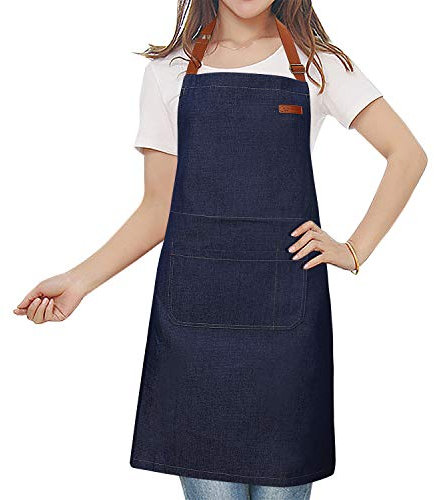 MaoXinTek Chef Kitchen Denim Apron Work with Pockets for Men and Women, Adjustable Bib Aprons with Tool Pockets for Kitchen Cooking, Garden, Restaurant, Coffee House