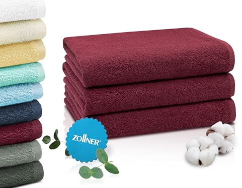 ZOLLNER Set med 3 duschlakan i 70 x 140 cm - mycket absorberande och mjuka badhanddukar i Bordeaux - med praktisk krok - tvättbar vid 95 °C - bomull - hotellkvalitet