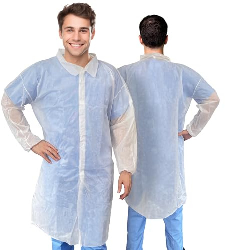 AMZ Medical Supply White Disposable Lab Coat, Large. 10 Pack 35 GSM Polypropylene Fabric Protective Coat. Knee-Length Disposable Lab Coats for Adults with Elastic Wrist, Loop Fasteners, No Pockets