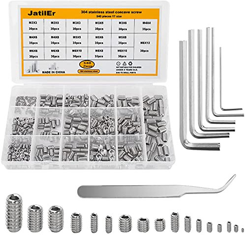 JatilEr 540Stück Madenschrauben Set, M2 M3 M4 M5 M6 M8 Inbusschrauben Sortiment Gewindestifte Edelstahl Einschraubmuffen Kit Schrauben Hex Grub Kopf mit Inbusschlüsseln Maschinenschraube für Türgriffe