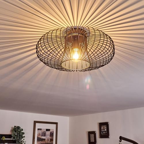 HOFSTEIN Deckenleuchte Wemude, runde Deckenlampe Wohnzimmer Schlafzimmer - Moderne Lampe, Retro-Look, Schwarz-Gold, 1-flammig, E27-Fassung, Durchmesser: 40 cm, Gitteroptik für Spannenden Lichteffekt