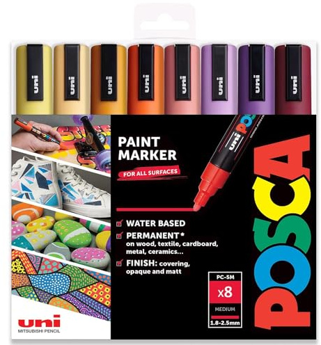 Posca PC-5M Farbmarker, Kunststifte, 1,8–2,5 mm, Set mit Sonnenuntergangsfarben, 8 Stück in Geschenkbox
